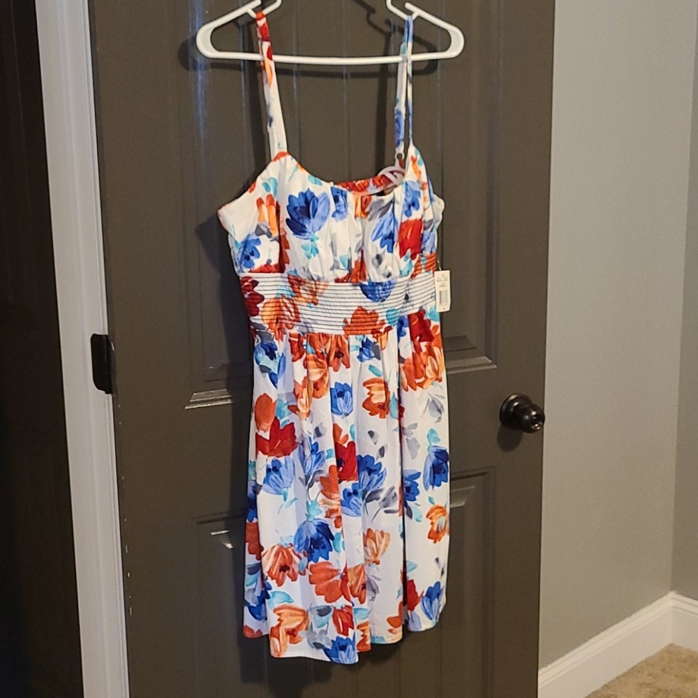 New never worn read, white and blue floral dress